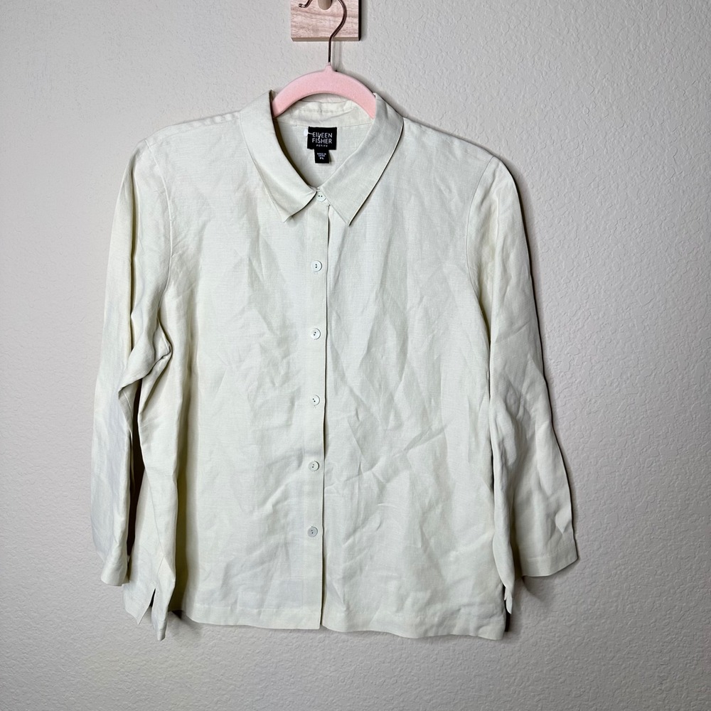 Eileen Fisher Linen Silk Button Down Shirt P Large Coastal Lagenlook Chic